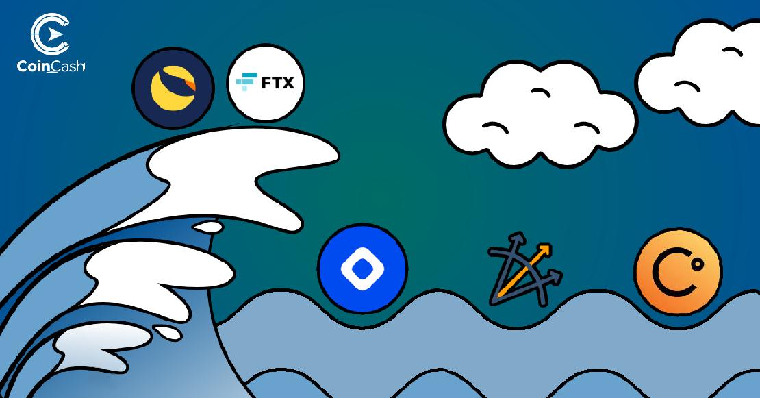 Egy nagy hullámon az FTX és a Luna logója tart mellette a tengeren a BlockFi, a Three Arrow Capital és a Celsius logója felé